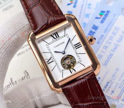 Best Quality Cartier Tank Solo Tourbillon Watch Rose Gold Brown Leather Band